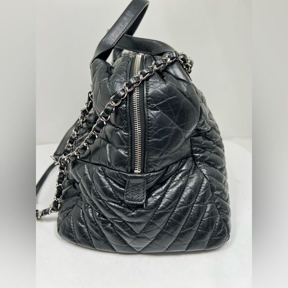 Chanel Soft Bowling Bag Chevron Aged Claf Skin Large Bag - Picture 7 of 13